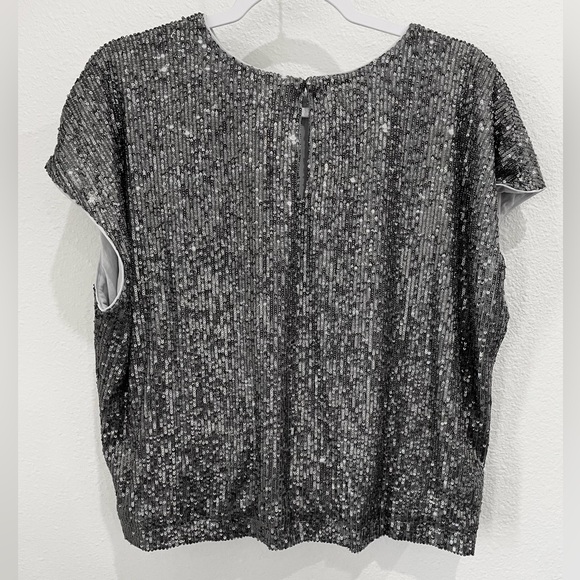 LOFT Chic Silver Sequin Blouse Feminine Office Casual Neutral Party Cap Sleeve - Picture 5 of 5